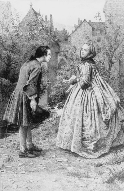Incontro del giovane Jean-Jacques Rousseau e della futura amica intima Madame de Warens, 21 marzo 1728 (incisione) da Maurice Leloir