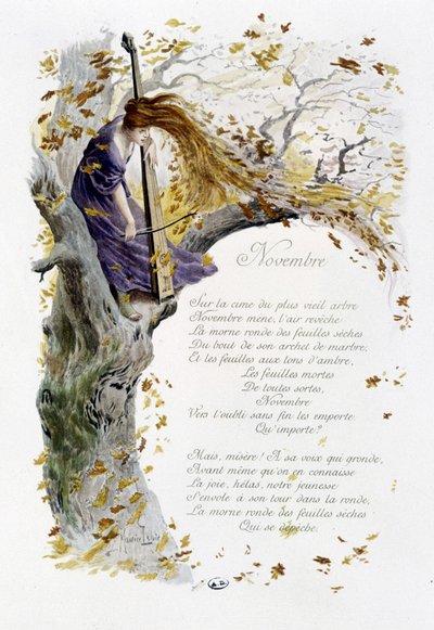 Novembre "La Canzone del mese" di Jérôme Doucet, illustrazione - Maurice Leloir, ed. Reims 1904. L. Michaud da Maurice Leloir