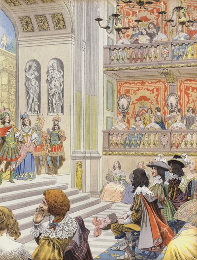 Rappresentazione nel teatro del Palais Cardinal di Mirame, la commedia scritta da Richelieu e Desmarets da Maurice Leloir