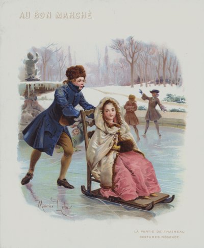 Spingendo una slitta sul ghiaccio, costumi del periodo della Reggenza francese (1715-1723) da Maurice Leloir