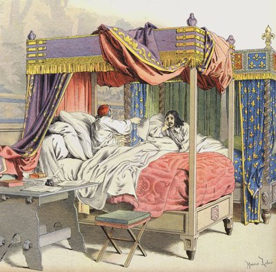 Richelieu e il re Luigi XIII in letti adiacenti al momento della cospirazione di Cinq-Mars da Maurice Leloir