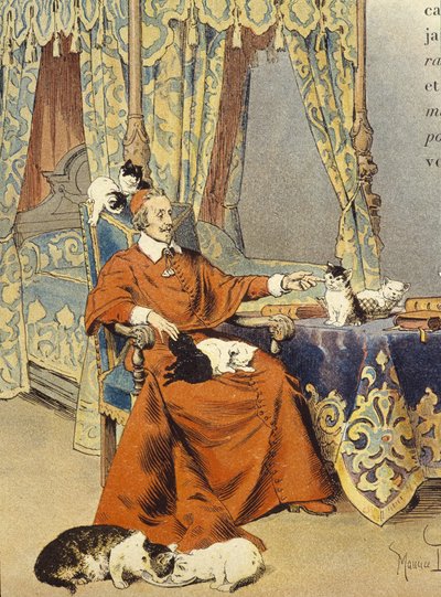 Il Cardinale gioca con i suoi gatti che amava particolarmente - in "Richelieu" di Maurice Leloir, inizio XX secolo da Maurice Leloir