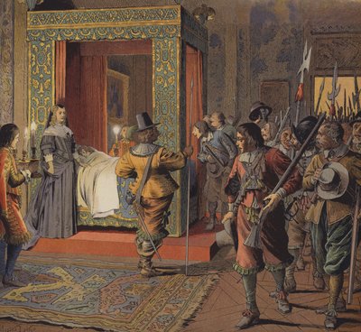 La notte del 9 febbraio 1651, la milizia passa davanti al letto del giovane Luigi XIV da Maurice Leloir