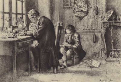 Il giovane Jean-Jacques Rousseau che legge mentre suo padre lavora da Maurice Leloir