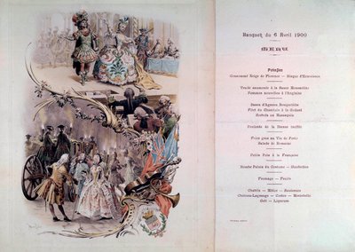 Menu di nozze con illustrazione di Maurice Leloir (1851-1940) di balli in costume e scene galanti, 6/04/1900 da Maurice Leloir