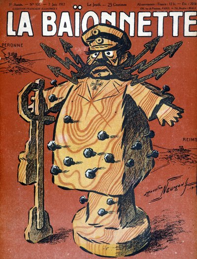 Cartone animato di Hindenburg (1847 - 1934), maresciallo e statista tedesco. Illustrazione della copertina del giornale "La Baionnette" di giugno 1917 da Maurice Louis Henri Neumont