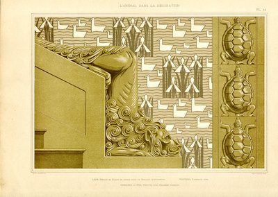 Decorazione architettonica con testa di leone, anatre e tartarughe (litografia) da Maurice Pillard Verneuil