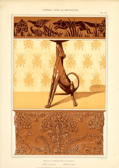 Motivi animali Art Nouveau: cane, fagiano e api (litografia) da Maurice Pillard Verneuil