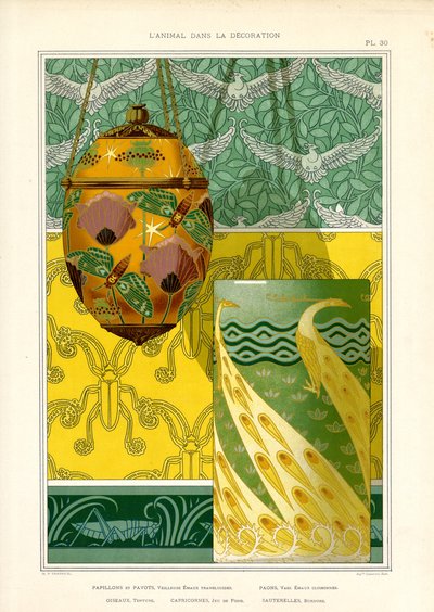 Oggetti decorativi Art Nouveau con pavone, farfalle e colombe (litografia) da Maurice Pillard Verneuil