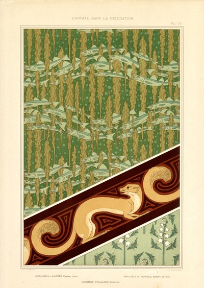 Disegni decorativi Art Nouveau con pesci, ermellini e mughetti (litografia) da Maurice Pillard Verneuil