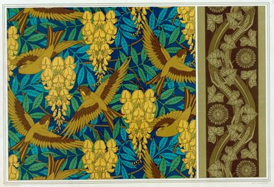 Disegni per uccelli e glicine appesi e bordo di carta da parati con lucertole e edera, pub. 1897 da Maurice Pillard Verneuil