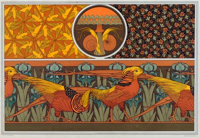 Progetti per bordo di carta da parati e tessuto: Uccelli, Coccinelle e Capelvenere, pub. 1897 da Maurice Pillard Verneuil