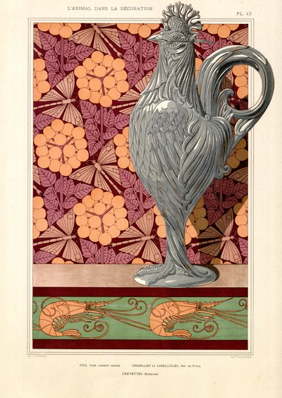 Vaso a forma di gallo con fiori a ombrello e motivo a gamberetti (litografia) da Maurice Pillard Verneuil