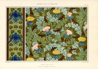 Ornamento di cardo con insetti e corvi (litografia) da Maurice Pillard Verneuil