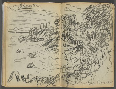 Libro di schizzi - The Granite Shore Hotel, Rockport, pagina 008 e 9: "Gloucester - La strada". da Maurice Prendergast