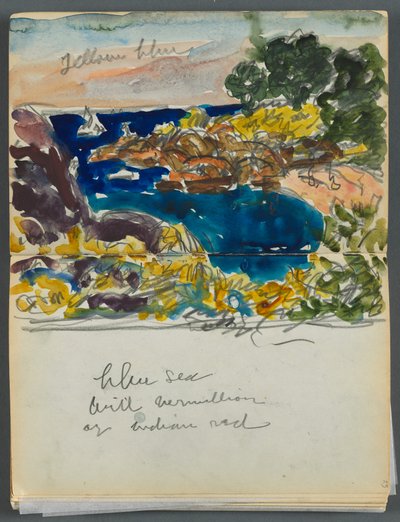 Libro di schizzi - The Granite Shore Hotel, Rockport, pagina 024 e 25: vista del porto con annotazioni a colori da Maurice Prendergast