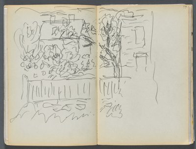 Sketchbook- The Granite Shore Hotel, Rockport, pagina 058 e 59: Casa e giardino recintato da Maurice Prendergast
