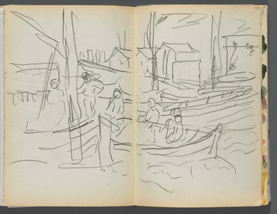 Sketchbook- The Granite Shore Hotel, Rockport, pagina 114 e 115: Figure su una barca a vela da Maurice Prendergast
