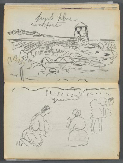 Libro di schizzi - Il Granite Shore Hotel, Rockport, pagine 124 e 125: Faro di Rockport e figure sulla spiaggia da Maurice Prendergast