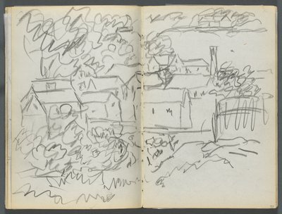 Taccuino di schizzi, The Dells, N° 127, pagina 096 e 97: Paesaggio con case da Maurice Prendergast
