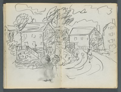Sketchbook, The Dells, N° 127, pagina 102 e 103: Paesaggio con case e strada da Maurice Prendergast
