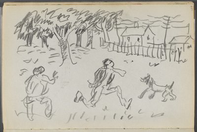Sketchbook, The Dells, N° 127, pagina 107: Paesaggio con figure e cane da Maurice Prendergast