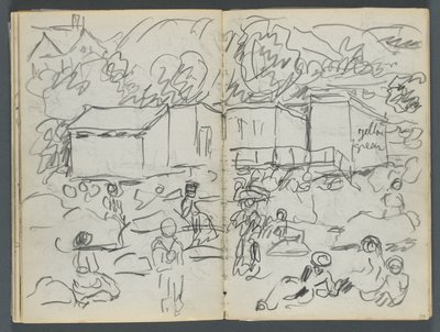 Sketchbook, The Dells, N° 127, pagina 114 e 115: Paesaggio con figure ed edifici da Maurice Prendergast