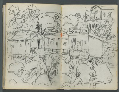 Sketchbook, The Dells, N° 127, pagina 146 e 147: Paesaggio con figure ed edifici da Maurice Prendergast