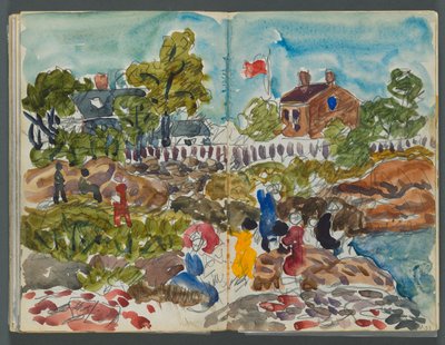 Skizzenbuch, The Dells, Nr. 127, Seite 156 & 157: Küstenlandschaft mit Figuren da Maurice Prendergast
