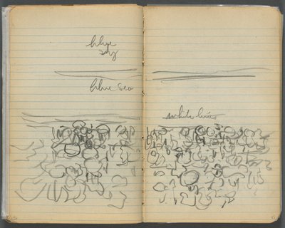 Taccuino degli schizzi, pagina 046 e 47: Vista della spiaggia con annotazioni a colori da Maurice Prendergast