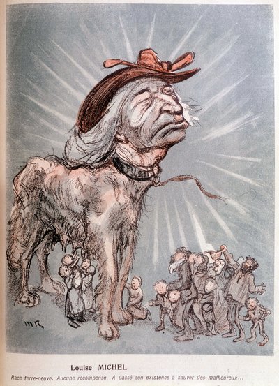 Caricatura di Louise Michel come un cane "razza terranova, nessuna ricompensa, ha passato la sua esistenza salvando i disgraziati" da Maurice Radiguet