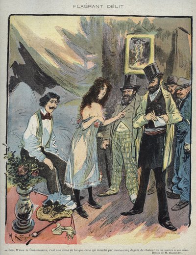 Illustrazione di Maurice Radiguet (1866-1941) per la rivista francese "Le Rire" numero 46 del 1895 - "Flagrant Delit" da Maurice Radiguet