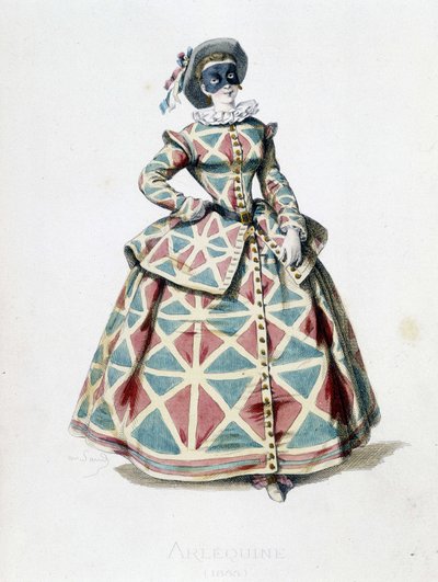 Costume e maschera di Arlecchino nel 1855, personaggio femminile di Arlecchino nella commedia dell