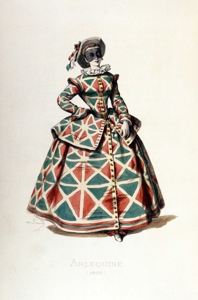 Costume e maschera di Arlecchino nel 1855, personaggio femminile di Arlecchino nella commedia dell