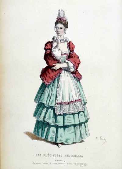 Costume di Madelon nella commedia "Le preziose ridicole" di Jean Baptiste Poquelin detto Moliere, illustrato da Maurice Sand (1823-1889). 1868. Parigi, Comédie-Française da Maurice Sand