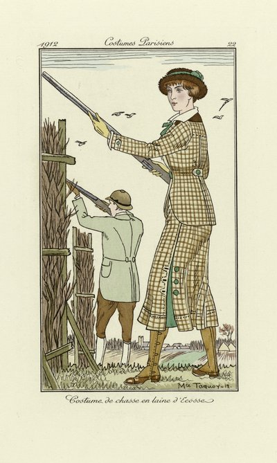 Design per abito da tiro in tweed per signore, da Costumes Parisien, pub.1912 da Maurice Taquoy