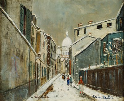Rue St. Rustique sotto la neve, Montmartre, 1939 circa (olio su tela) da Maurice Utrillo