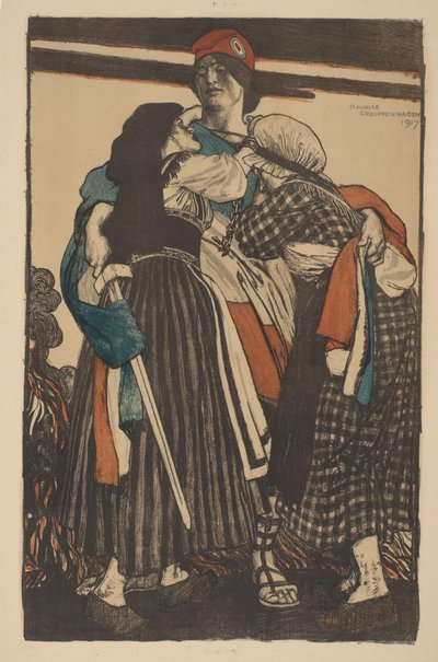 Donna con spada abbraccia due bambini da Maurice William Greiffenhagen