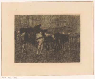 Cavalli da carrozza in una piazza cittadina di sera da Maurits Niekerk