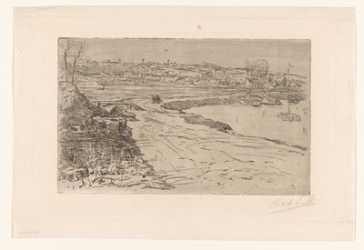 Paesaggio con case e acqua con barche a vela ormeggiate da Maurits van der Valk (signed by artist)