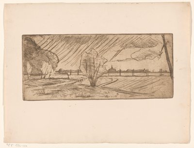 Paesaggio con alberi e chiesa da Maurits van der Valk