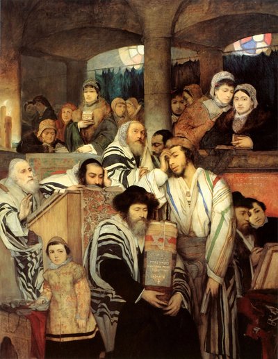 Ebrei che pregano nella sinagoga durante Yom Kippur da Maurycy Gottlieb