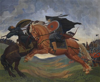 Combattimento singolo di Peresvet e Temir-murza sul Campo di Kulikovo nel 1380 da Mavriki Petrovich Jacobi