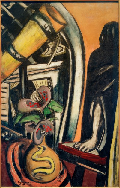Atelier (Notte). Natura morta con telescopio e figura velata da Max Beckmann