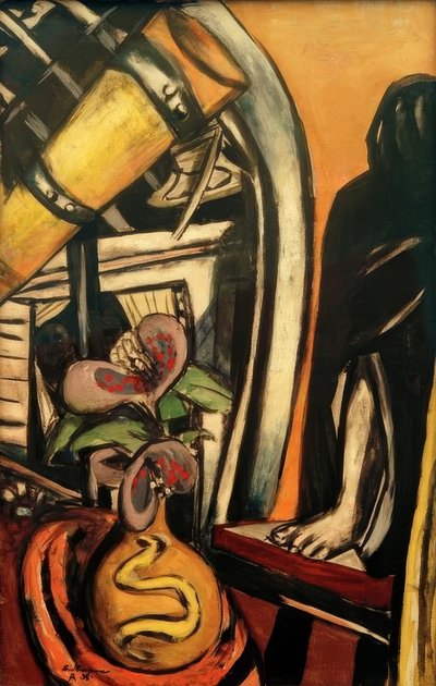 Atelier (Notte). Natura morta con telescopio e figura velata da Max Beckmann
