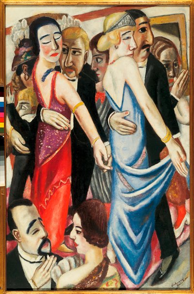 Danse a Baden Baden (Germania). Descrizione di coppie in abito da sera, con sguardi tristi da Max Beckmann
