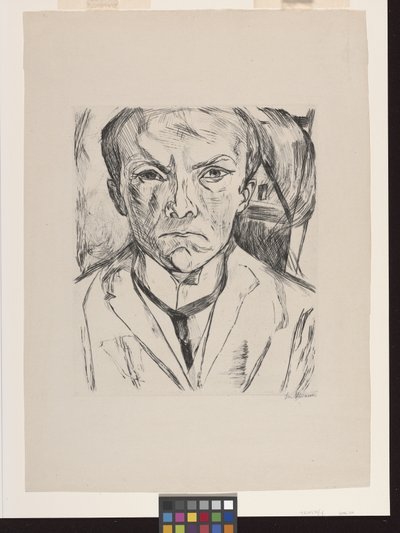 Autoritratto frontale con timpano di casa sullo sfondo da Max Beckmann