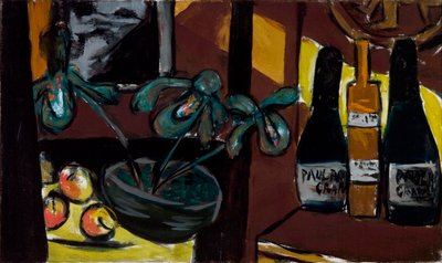 Natura morta su marrone e giallo (Bottiglie di champagne e orchidee) da Max Beckmann