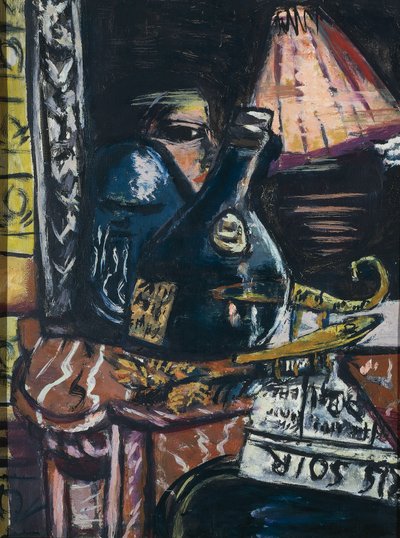Natura morta con bottiglia di schnapps storta e Buddha da Max Beckmann