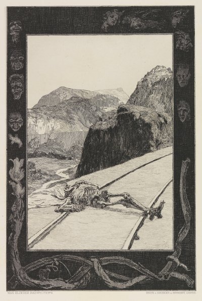 Sui binari, tavola 8 dal portfolio On Death, Parte I, Opus XI, 1897 da Max Klinger